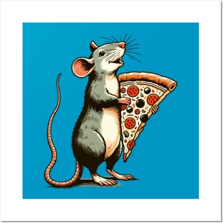 Cute mouse carrying a pizza slice Posters and Art